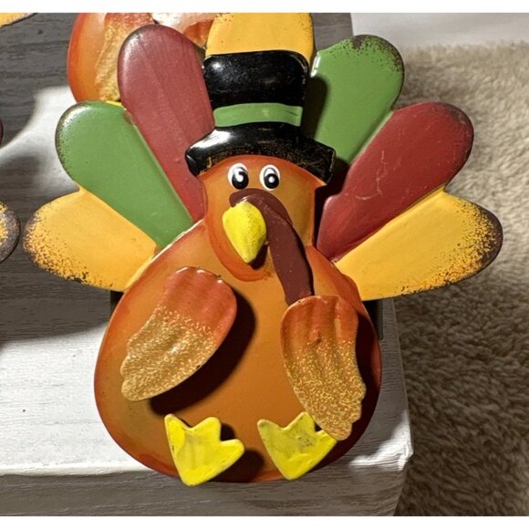 Set Of 6 Thanksgiving Turkey Napkin Rings Colorful Table Decor Resin & Metal Tin - Picture 2 of 7